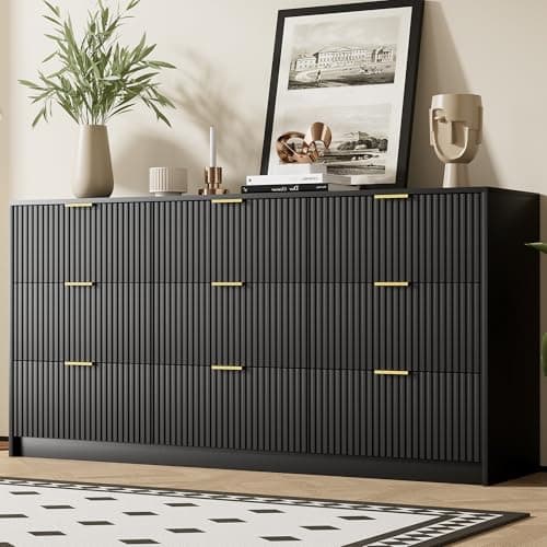 Furniway Black Dresser for Bedroom, Modern Dresser with 9 Drawers and Smooth Slides, Wide Chest of Drawers with Golden Handles for Bedroom, Living Room, Closet, 15.7" D x 63" W x 31.5" H