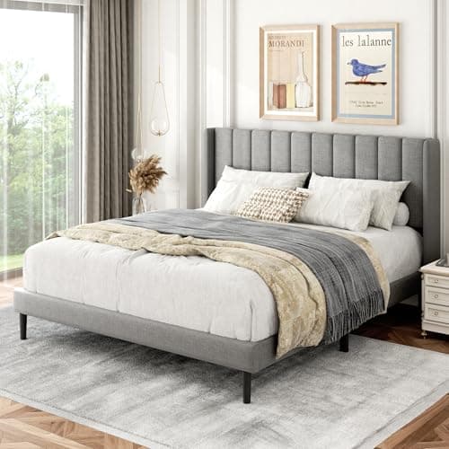 Gruwans Queen Size Bed Frame with Upholstered Wingback Headboard, Easy Assemnly Platform Bed, Wooden Slat Support No Box Spring Needed, Light Gray 6