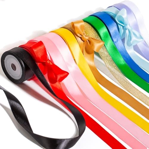 5/8'' Satin Rainbow Ribbons for Crafts and Flower Bouquet, Double Face Silk Hair Ribbon for Girls, 12x5 Yads Colorful Red Pink Blue Gold White Black Green Purple Yellow Ribbon Pack for Gift Wrap Bows