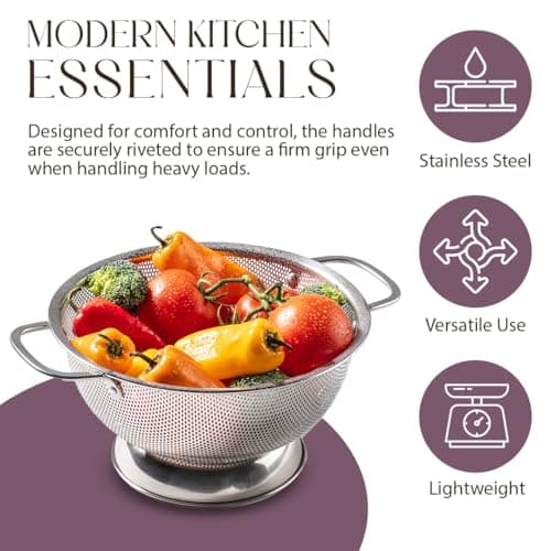 Bellemain Colander for Kitchen – 5 Qt Stainless Steel Strainer with Handle - 18/8 Pasta Strainer Bowl for Pasta, Spaghetti, Vegetables, Fruit, and Pot Draining - Stainless Steel Colander 7