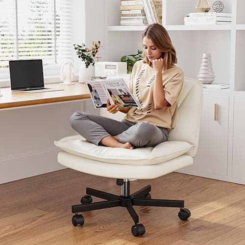 DurayLoly Criss Cross Chair with Wheels,Cross Legged Office Chair with 2 Layer Cushion,Comfy Wide Seat,Leather,Amless, Vanity Chairs for Home Office,Bedroom,Make Up,Adjustable,Beige