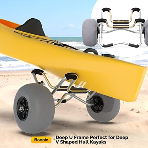 Bonnlo Deep U Kayak Cart Trolley Canoe Paddle Board Boat Cart Carrier Dolly with 12" Big Beach Wheels Balloon Kayak Wheels Cart Foldable, Free Pump, 2 Ratchet Straps- Perfect for Soft Sand (Silver) 6