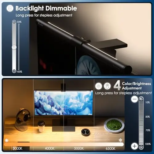 Quntis Computer Monitor Light Bar with Remote, Eye-Care Monitor Light Backlight Desk Lamp for Home Office Gaming, Stepless Dimming Brightness and Color Temperature, No Screen Glare, Gray 6
