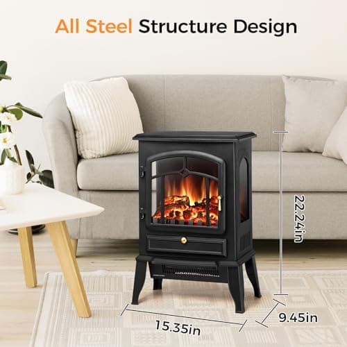 22" Electric Fireplace Heater,Freestanding Fireplace Stove with Realistic Flames,1000/1500W Fireplace Heater with Overheating Protection,Adjustable Flame Brightness(Black) 5