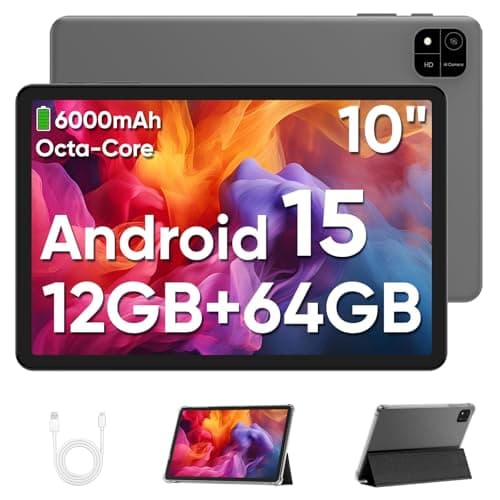 JUNINKE 2025 Android 15 Tablet, 10.1" IPS HD Display, 12GB+64GB, 2TB Expandable, 6000mAh Battery, Octa-Core Unisoc T606, Dual Cam GPS WiFi, for Student Business Home Entertainment (Black Caser)