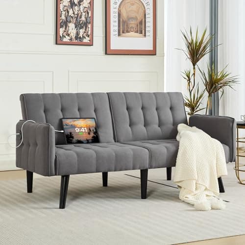 TYBOATLE 65" Convertible Futon Sofa Bed w/ 2 USB, Linen Blend Adjustable Folding Futon Couch, Tufted Small Sofa Bed w/Removable Armrests for Bedroom, Living Room, Living Room, Grey