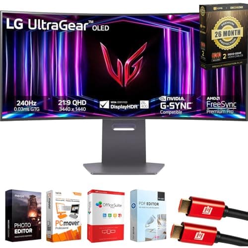 LG 34 inch Ultragear 1440p 240 Hz OLED 800R Curved Gaming Monitor Bundle with Tech Smart USA Elite Suite 18, 2X HDMI Cable & Deco Gear CPS Exclusive 26 Month Protection Pack (BEACH-CPS-26M1500)