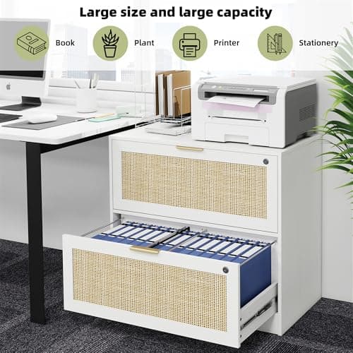 HOPUBUY 2 Drawer File Cabinet with Lock, Printer Stand Lateral Filing Cabinets for Home Office and School, Wood Rattan File Cabinet for Hanging Files/Letter/Legal/A4/F4 Size, White 5