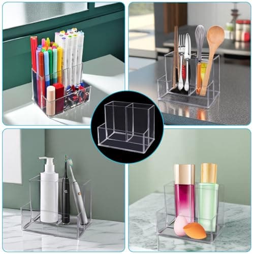 HSYMQ Desktop Clear Pen Holder with 3 Compartments, Acrylic Pencil Holders, Desk Organizers and Accessories 5