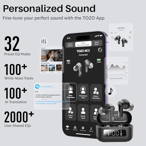 TOZO Hybrid Active Noise Cancelling Wireless Earbuds with 6 Mics AI Clear Call Ear Buds 68H Playtime with LED Display 32 Preset EQs via APP Bluetooth 5.3 IPX8 Waterproof in Ear Headphones 6