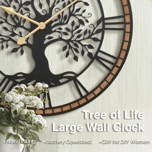 Micasso Farmhouse Large Wall Clock: 24Inch Rustic Tree of Life Metal with Wood Frame - Vintage Battery Operated Wall Clocks for Living Room/Office/Bedroom - Home Decor for Fashion-Conscious 9