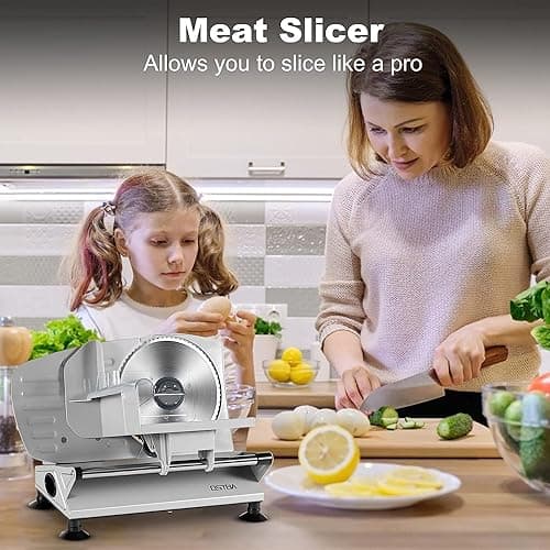 OSTBA Meat Slicer Machine, Two 6.7” Removable Stainless Steel Blades and Food Carriage, 150W Electric Deli Food Slicer for Home Use, Easy to Clean, 0-15mm Adjustable Thickness for Meat, Cheese, Bread 9