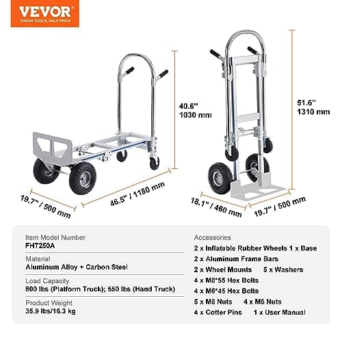 VEVOR Aluminum Truck, 2 in 1, 800 lbs Load Capacity, Heavy Duty Industrial Convertible Folding Hand Truck and Dolly, Utility Cart Converts from Hand Truck to Platform Cart with Rubber Wheels 7