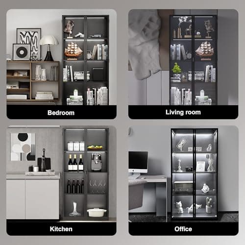 Kelueo 63" H Display Cabinet with Glass Doors,Tall Display Cabinet with LED Lights,Display Case for Collectibles,Glass Display Cabinets with 3 Adjustable Shelves for Living Room,Bedroom,Office 7