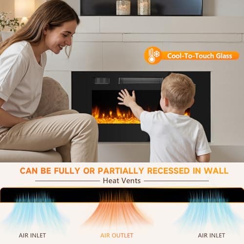Ariiles 36 Inch Electric Fireplace Insert, Electric Fireplace Wall Mounted with Remote & Timer, Low Noise Heater Fireplaces for Living Room, Modern Recessed Fireplaces Decor 6