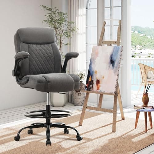 Drafting Chair Tall Office Chair for Standing Desk, Ergonomic High Office Chair with Adjustable Foot Ring, Flip-Up Armrests, Lumbar Support, Comfortable Fabric Seat for Home or Drawing Use – Gray 9