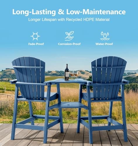 PASAMIC Tall Adirondack Chairs Set of 2, All-Weather HDPE Patio Chairs with Double Connecting Trays, Bar Height Heavy-Duty Outdoor Chairs for Garden, Backyard, Balcony, Blue 5