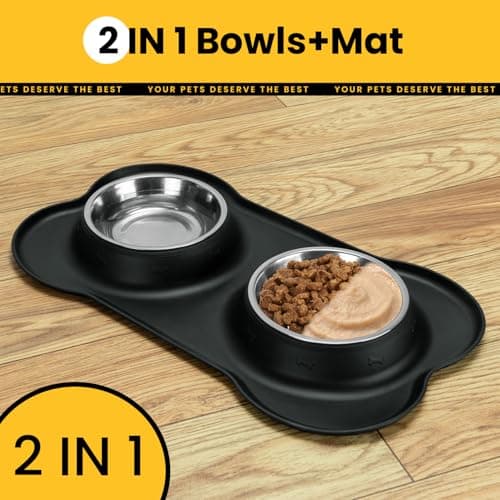 Conlun Dog Bowls with Silicone Feeding Mat, No Spill Food Water Dish Set, Dishwasher Safe, 2 Stainless Steel Puppy Bowls, Suitable for Tiny Dogs Kittens Cats Rabbits Pets under 8lbs, Extra Small,Black 8