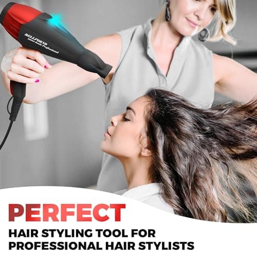 Professional Ionic Salon Hair Dryer, 2200 Watt Powerful AC Motor Ceramic Tourmaline Ion Blow Dryer, Quiet Hair Dryers with Diffuser & 2 Concentrator Nozzle Attachments Black/Red 7