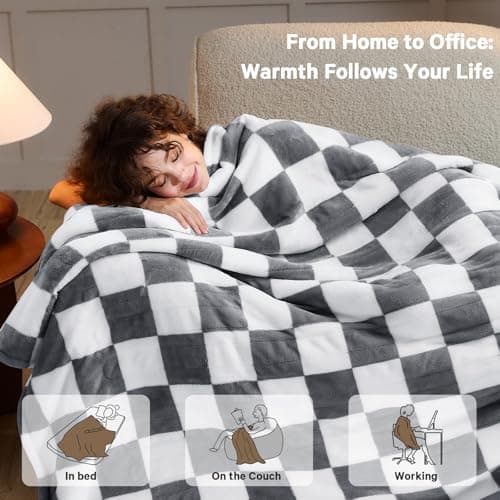 Heated Electric Blanket Throw, 50X60 Heating Blanket with 10 Heat Level & 8 Hour Auto Off for Lap, Light Gray Checkered Plaid Sherpa Blankets Warmer Gift for Couch Grandma Women Adults Washable 8