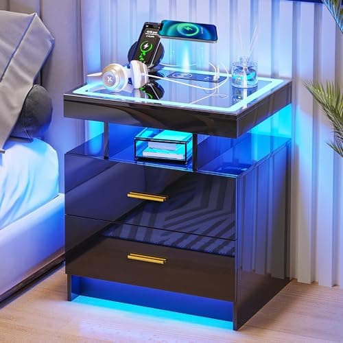 HNEBC LED Nightstand with Charging Station (USB,Type-C Ports) High Gloss Bedside Table with 2 Drawers, Smart Night Stand with Auto Sensor Lights,Modern Bed Side Table for Bedroom (Black)