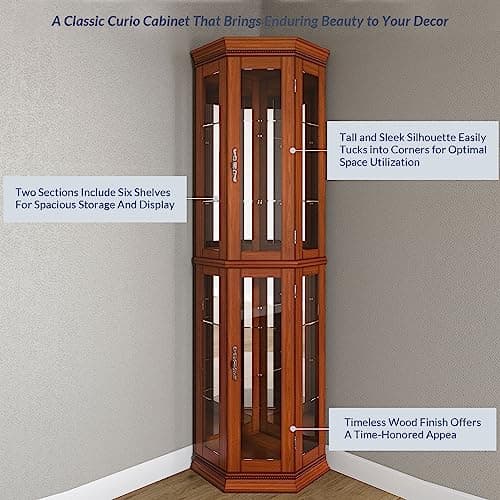 BELLEZE Lighted 3-Side Glass Display Curio Cabinet w/Tempered Glass Doors and Shelves, Accent Wooden Corner Cabinet with Bulb, Corner Storage Decoration Rack for Living Room 5