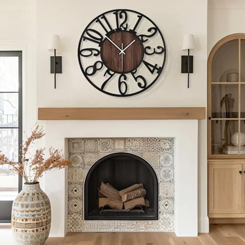 Maxstar Round Wall Clock for Living Room Decor Battery Operated Non Ticking Silent Vintage Black Metal Wood Clocks for Home Living Room Garden Farmhouse Office Kitchen Decoration -13 inch 6