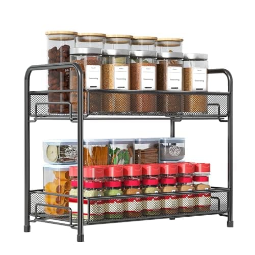 Spice Rack Organizer for Countertop,Xpatee 2-Tier Foldable Metal Rust-Proof Standing Large Seasoning Storage Shelf with Guardrail and Mesh Design for Kitchen Cabinet Bathroom Living Room Pantry, Black