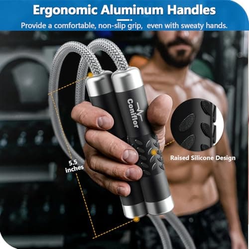 Coniflor Weighted Jump Rope, 1LB Tangle-Free Ball Bearing Rapid Speed Skipping Rope for Men Women, Adjustable 9mm Cotton & PVC Rope with Alum Handle for Boxing MMA Weight-Loss Athletic Workout Fitness 5