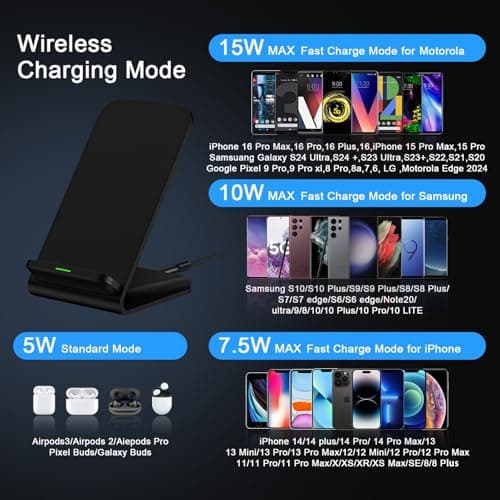 Samsung S25 Wireless Charger Stand Wireless Phone Charger for Android Samsung Galaxy S25 Ultra S24FE S23 S22 S21 S20 S10, Wireless Charging Station for iPhone 17 Air 17 Pro Max 16 e 15 14 with Adapter 6