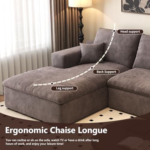 107'' L-Shaped Modern Modular Sectional Cloud Couch, 4-Seat Chenille Deep-Seat Sofa with Pillow for Living Room, Bedroom, Apartment, Camel 7