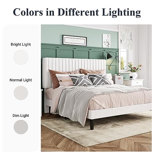 Allewie Full Bed Frame, Velvet Upholstered Platform Bed with Adjustable Vertical Channel Tufted Headboard, Mattress Foundation with Strong Wooden Slats, Box Spring Optional, Easy Assembly, Off-White 8