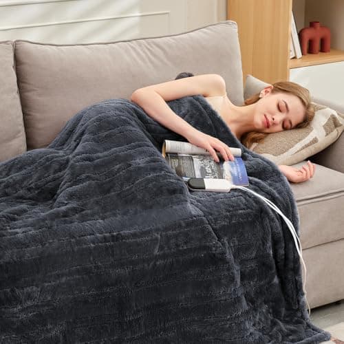 PTQ Premium Heated Throw Blanket 50"×60" - Ultra Cosy Soft Electric Blanket with 8 Heating Levels,Plush Fast Heating Faux Rabbit Fur Blanket for Bed & Couch - Auto Shut Off,Machine Washable(Grey) 8