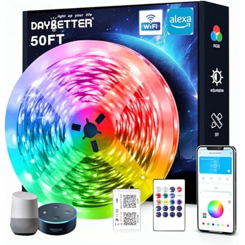 DAYBETTER Smart WiFi Led Lights, 50 FT RGB Led Strip Lights Compatible with Alexa and Google Assistant, App Voice Remote Control Music Sync Color ChangingLED Strip Lighting for Bedroom Room Decor
