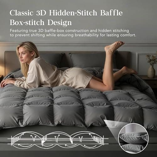 Grey Feather Down Comforter King Size,100% Organic Blended Cotton Fabric Cover,Ultra Soft Comforter High Fill Power Comforters, All Season Hotel Collection Fully Duvet Insert, 8 Corner & Center Loops 6