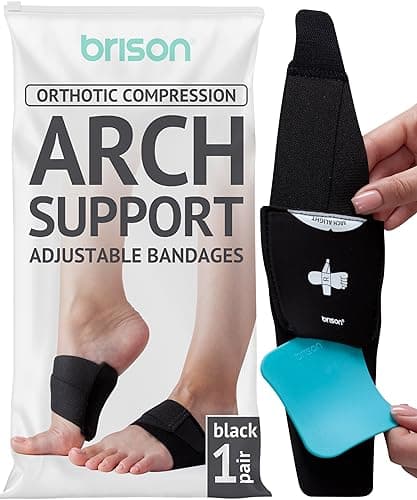 BRISON Arch Support Brace Orthotics Bands - Adjustable Feet Compression Straps with Supportive Plate Removable Flat Foot Pain Care Arch Support Splint Men Women - Black, Medium