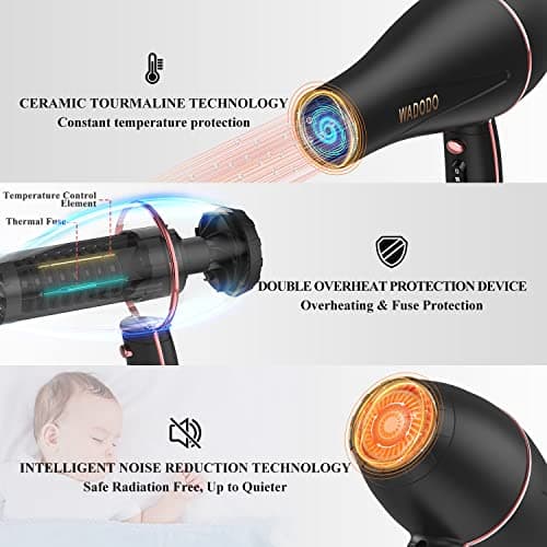 WADODO Ionic Hair Dryer, 2200W Professional Blow Dryer Fast Drying Travel AC Motor Constant Temperature Low Noise Ion Dryers Curly Care Hairdryer Blowdryer for Women Men 5