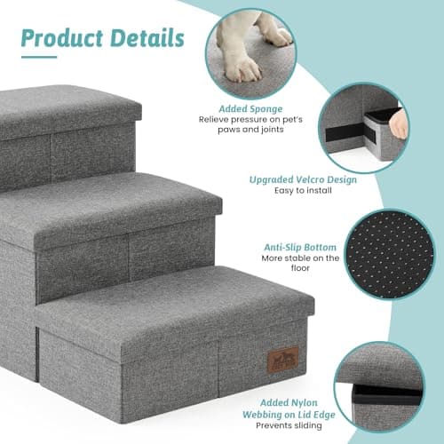 Dog Stairs with Storage, 4-Step Wider Sturdy Dog Steps for Small/Medium/Large Dogs and Older Cats, Folding Doggie Ramp for Bed/Couch/Car Hold Up to 180 lbs (22" H, Grey) 8