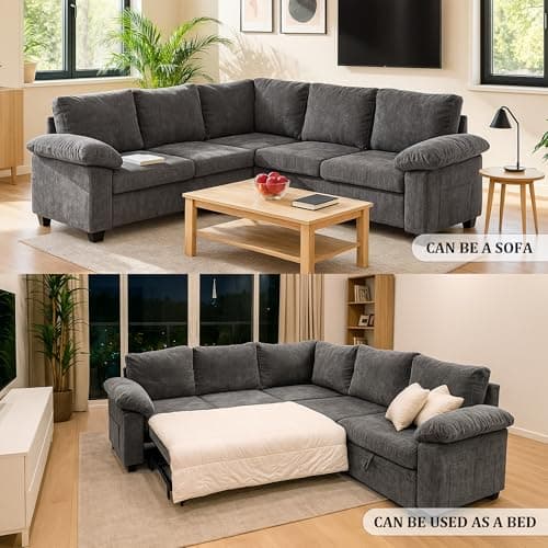 108 Inch Sectional Sleeper L Shaped Sofa with Pull Out Bed, Modular Sectional Sofa with Storage, Modern Chenille Cloud Couch, Sectional Couches for Living Room (Gray, 5 Seater Sleeper Sofa) 5