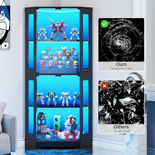 IRONCK 71 Inch Carbon Fiber Corner Glass Display Cabinet with Human Body Sensor & 6-Color LED Lights, 4-Tier Tempered Glass Display Case with 2 Adjustable Shelves for Collectibles, Toys, Black 6