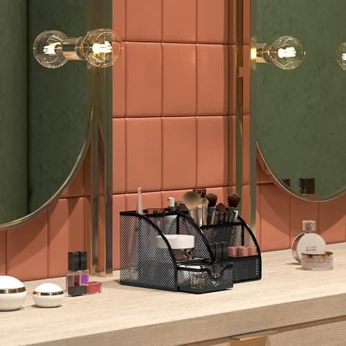 EasyPAG Mesh Desk Organizer with Drawer Multi-functional Pen Holder Stationery Organizer for Office School Supplies 6 Compartments Dorm Organizers and Storage for Desk, Black 6