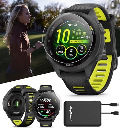PlayBetter Garmin Forerunner 265S (Black/Amp Yellow) Running GPS Smartwatch | Bright AMOLED Display, Recovery Insights | Bundle HD Screen Protectors & Portable Charger