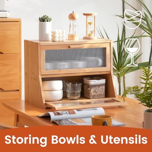 GHWIE Double Layer Bamboo Bread Box for Kitchen Counter,Large Capacity Bread Storage Bin,Bread Container with Acrylic Wavy Door Panel (Natural, Medium) 6