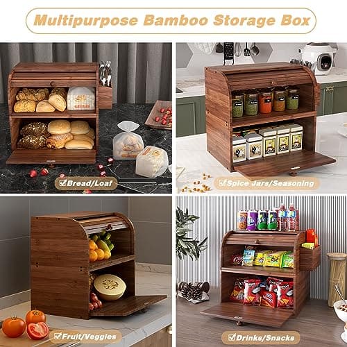 TQVAI Bamboo Bread Box for Kitchen Counter Dobule Layer Roll Top Bread Storage Container with Silverware Basket - Can Use as 2 Individual Bread Bin - Assembly Required, Retro Brown 5