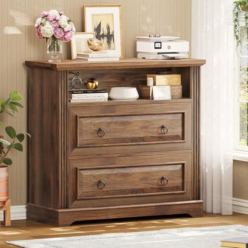 Itaar 2 Drawer File Cabinet, Farmhouse Filing Cabinet for Home Office Fits Letter, Legal, A4 Size, Wood Lateral File Cabinet with Printer Stand, Storage Shelf, Brown