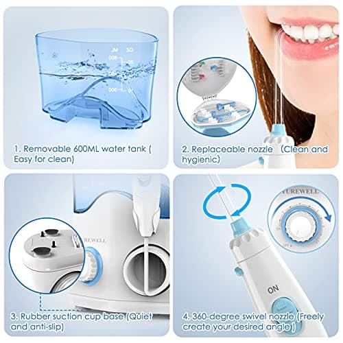 TUREWELL FC162 Water Dental Flosser for Teeth/Braces,10 Pressure Levels, 8 Water Jet Tips for Family, 600ML Electric Water Dental Oral Irrigator for Teeth Clean (White) 5
