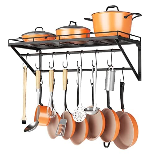 OROPY 31 Inch Wall Mounted Pot Rack Storage Shelf with 2 Tier Hanging Rails 14 S Hooks included, Ideal for Pans, Utensils, Cookware - Black