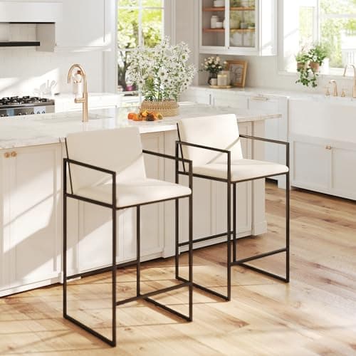 LIVINOVA Modern Counter Height Bar Stools Set of 2, 25.5 Inch Linen Upholstered Bar Stools with Back and Armrest, Counter Chairs Barstools for Kitchen Island, with Black Metal Frame, Cream