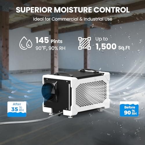 CADPXS Crawlspace Dehumidifier, 145 Pints Commercial-Grade Dehumidifier with Drain Hose for Crawl Spaces, Basements, Industrial and Water Damage Use, Large Capacity, Auto Defrost, Memory Restart, cETL 7