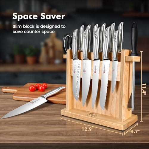 SYOKAMI Japanese Knives Set for Kitchen, Magnetic Knife Set with Block and Sharpener, Stainless Steel Knife Set as Gift for Couple, Wedding, Women or Mom with Gift Box, 14 PCS Black Dot 6